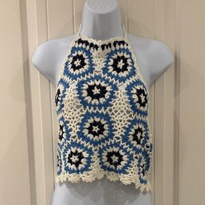 Crochet Halter Top - Blue, Black, and White